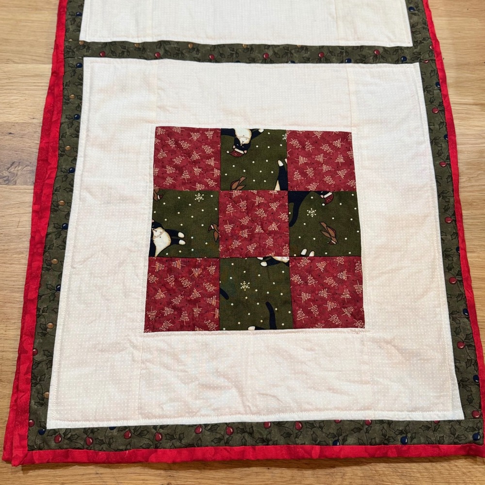 Handmade Quilted Christmas Table Runner Tuxedo Cat Holiday Decor Red Green 50x15